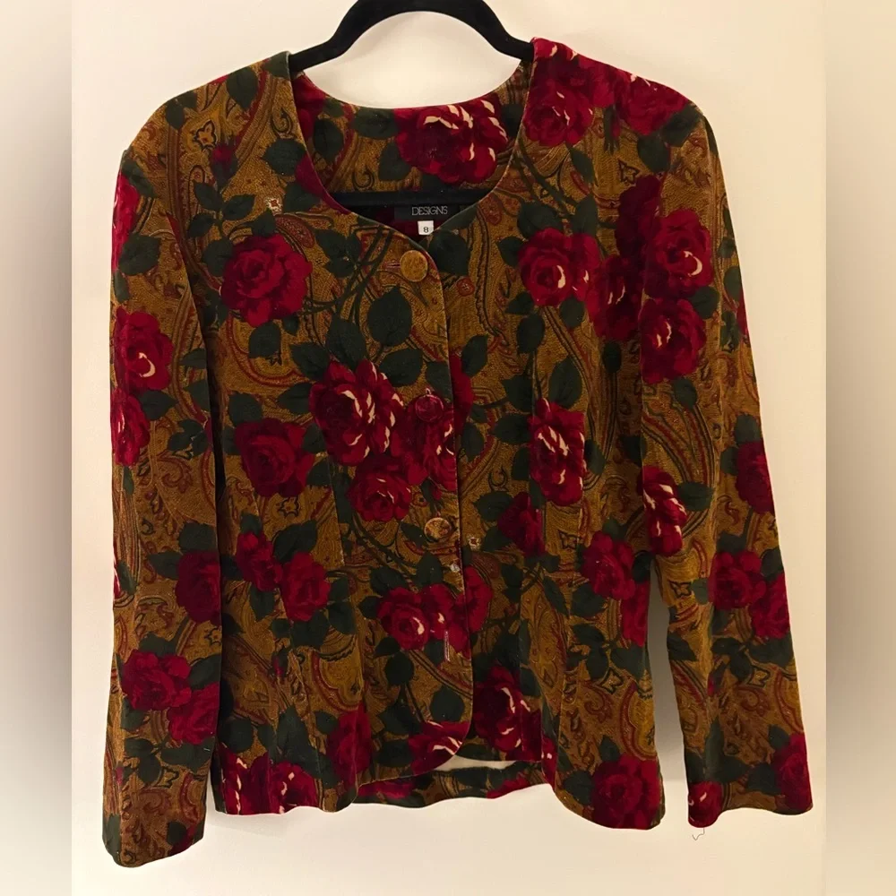 Vintage Tapestry Design Red Yellow Green Floral Velvet Blazer Button Grandmacore